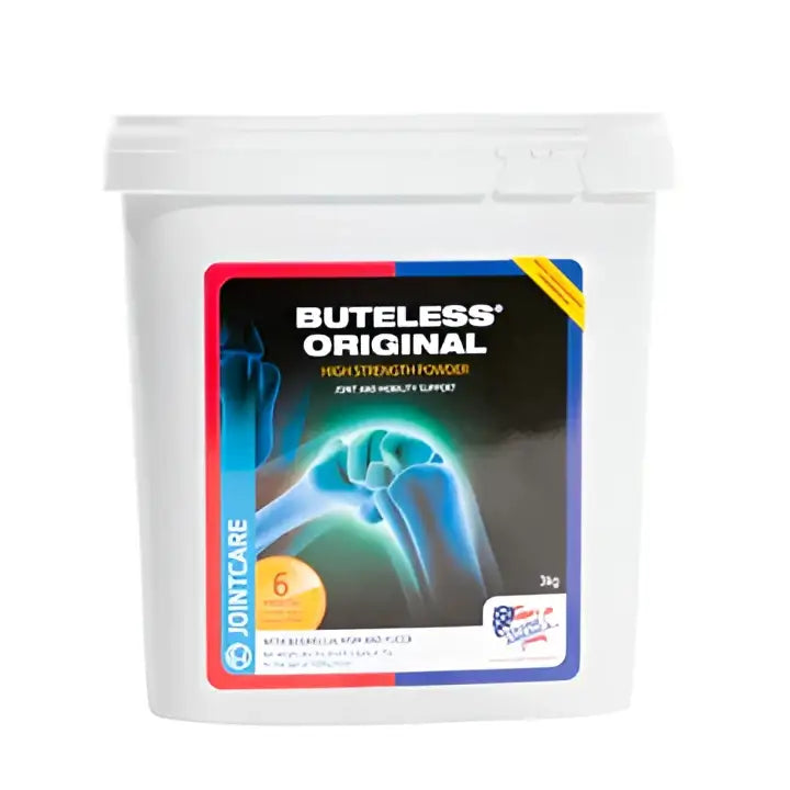 White plastic container of equine america buteless original strength powder for joint and mobility support