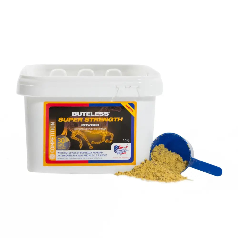 White plastic container of equine america buteless super strength powder 1.5kg with blue scoop and yellowish powder for performance horses