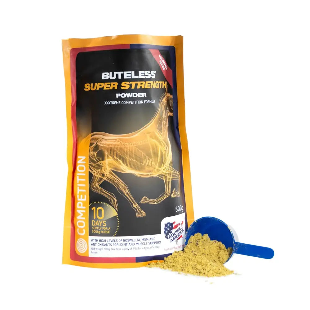 A 500g bag of equine america buteless super strength powder golden yellow horse supplement with blue scoop for performance horses