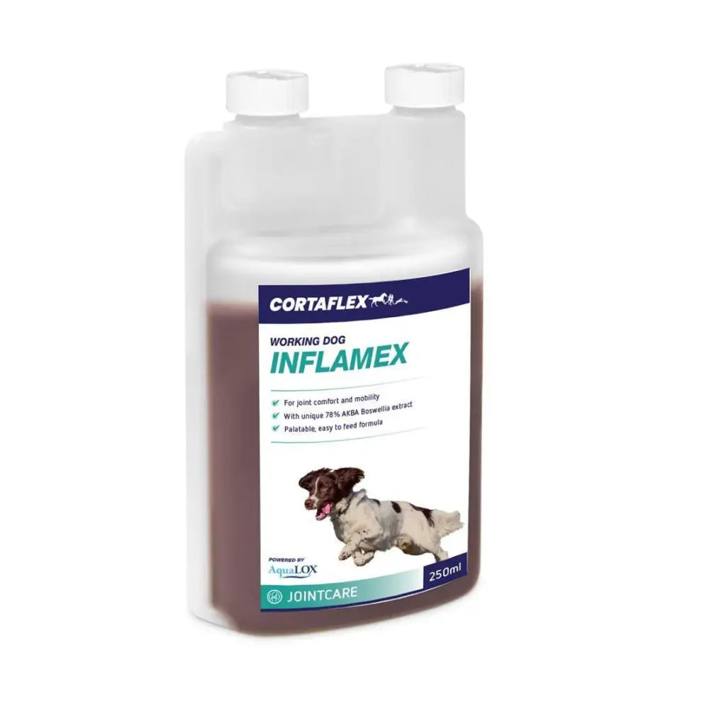 Cortaflex inflamex 250ml transparent bottle with white caps and running dog label equine america canine inflamex solution with boswellia serrata