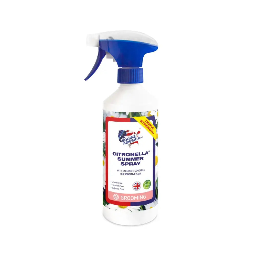 White plastic spray bottle with blue trigger labeled equine america citron citronella summer spray with calming chamomile