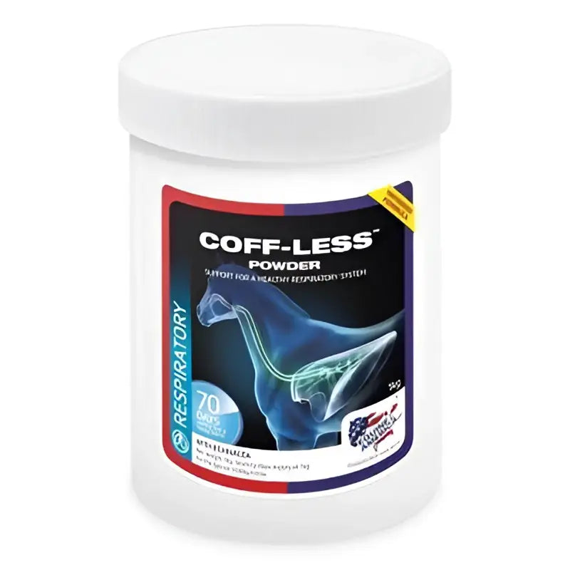 White plastic container of equine america coff-less powder horse respiratory supplement with blue horse design