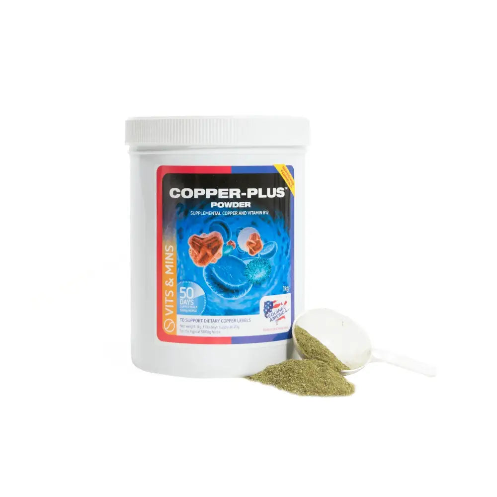 White plastic container of equine america copper plus powder with greenish glycine hydrate spilled beside it