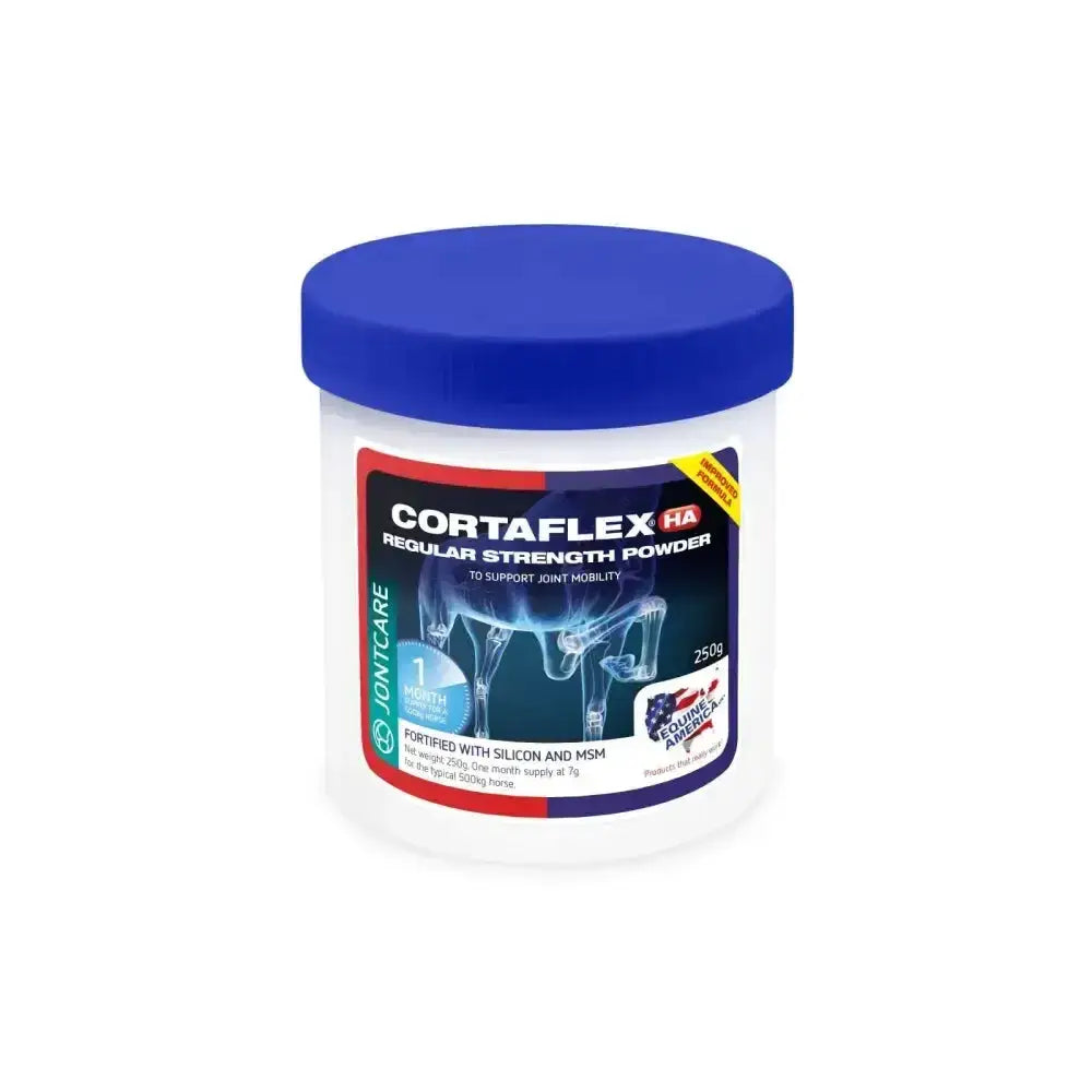 A white cylindrical container with a blue lid labeled cortaflex ha regular for joint support with hyaluronic acid