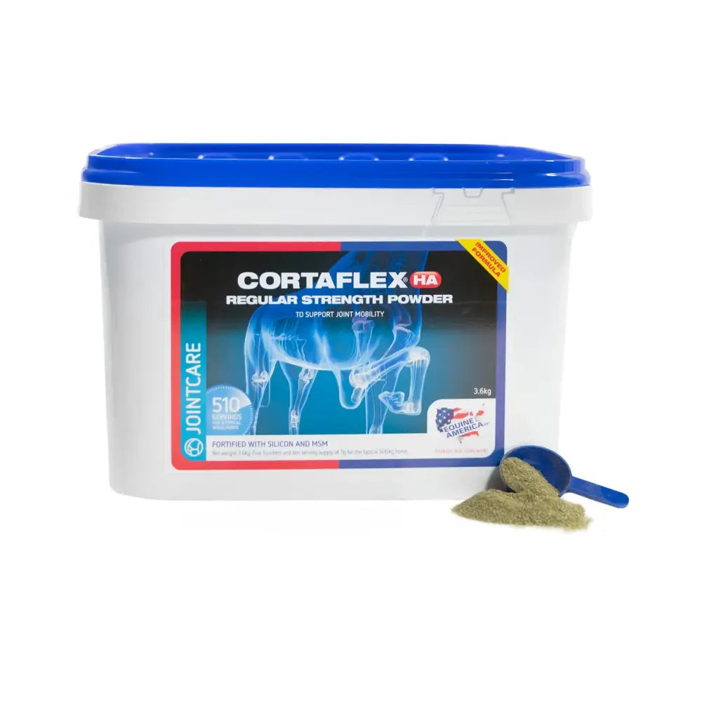 White plastic container with blue lid for equine america cortaflex ha regular joint support powder with hyaluronic acid