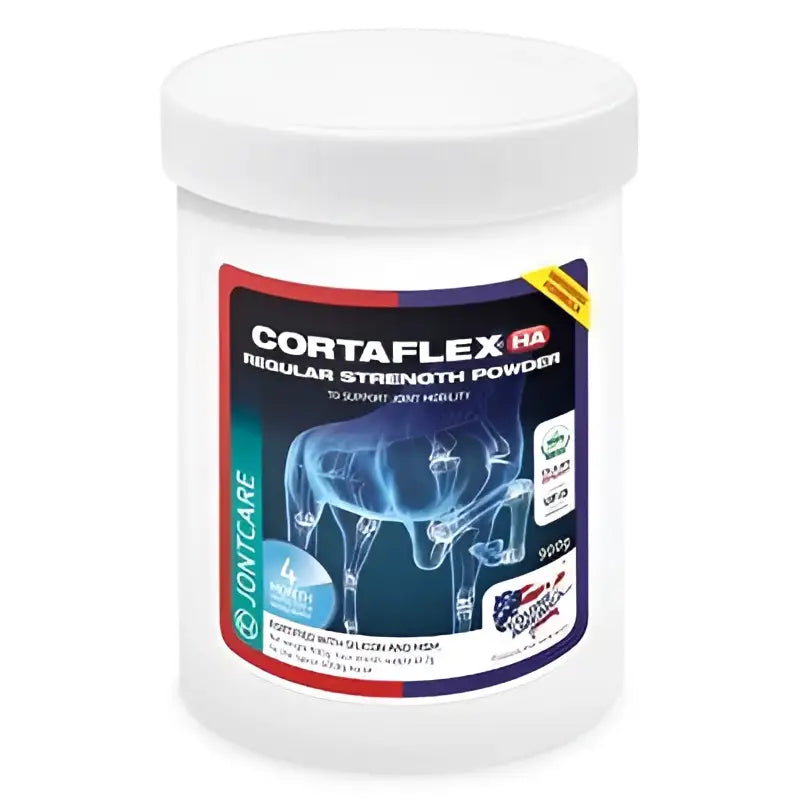 White plastic container with white lid of equine america cortaflex ha regular strength powder for joint support with hyaluronic acid