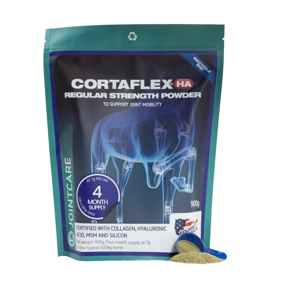 Teal and black resealable pouch of equine america cortaflex ha regular strength powder with horse skeleton x-ray for joint support and hyaluronic acid
