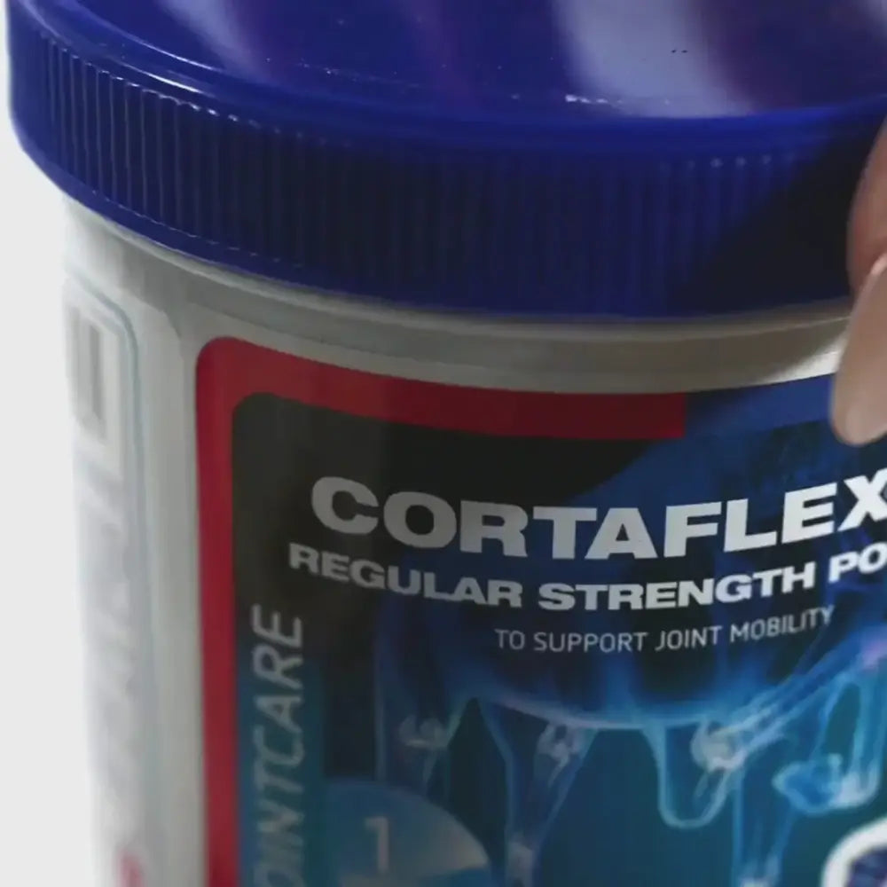 Equine america cortaflex ha regular strength powder in white container with blue lid for joint support with hyaluronic acid