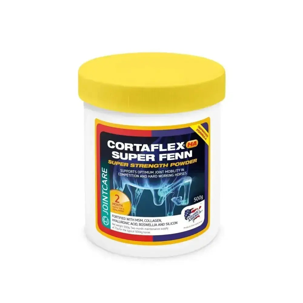 White plastic container with yellow lid labeled equine america cortaflex high strength featuring super fenn powder
