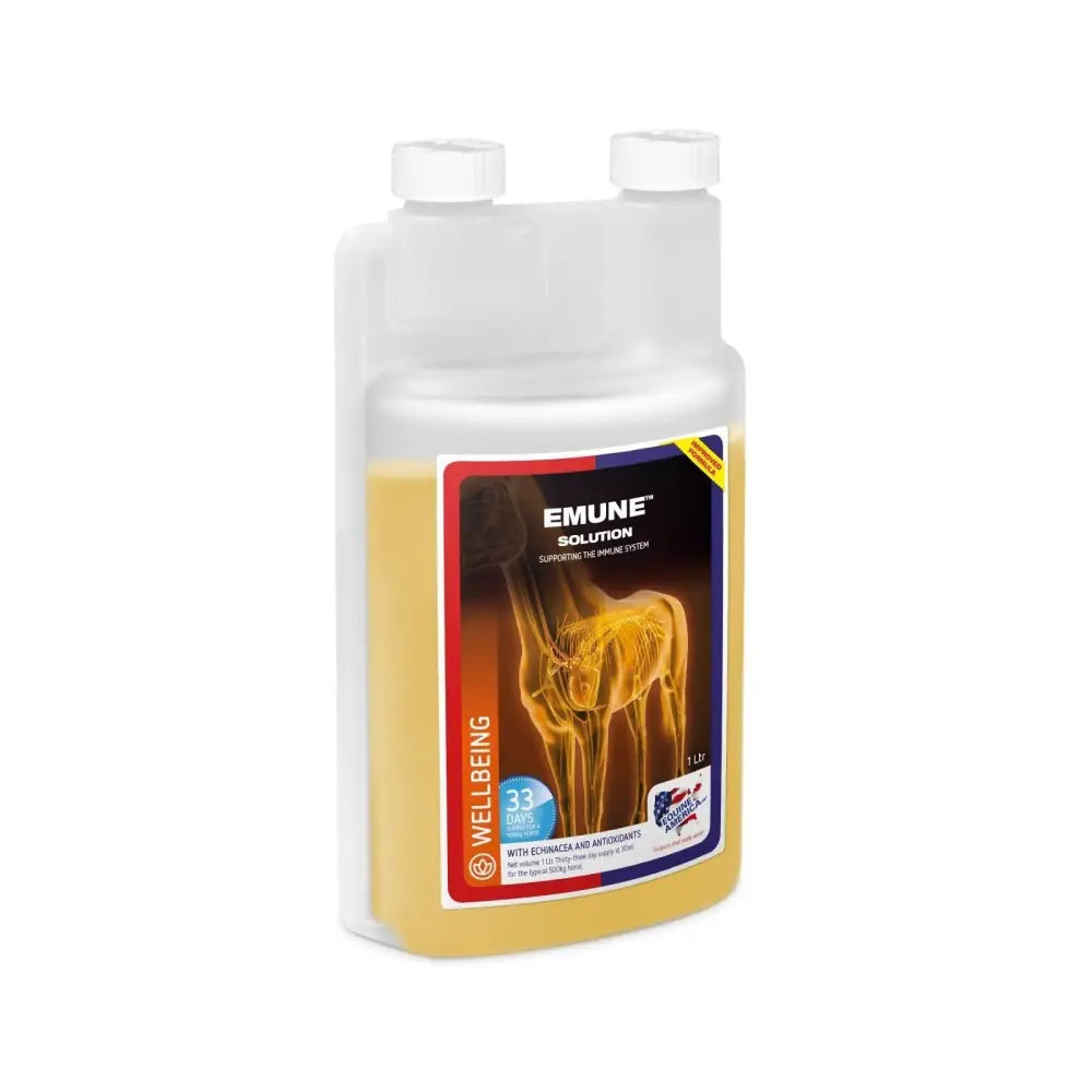 A translucent white plastic bottle of equine america emune with added turmeric 1ltr supporting white blood cells health