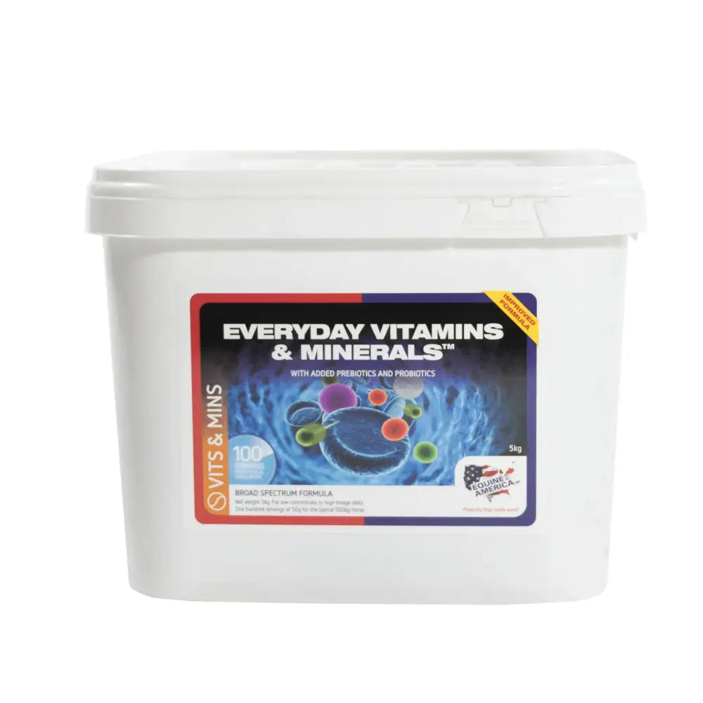 White plastic tub of equine america everyday vitamins containing trace elements probiotics and prebiotics concentrate feed