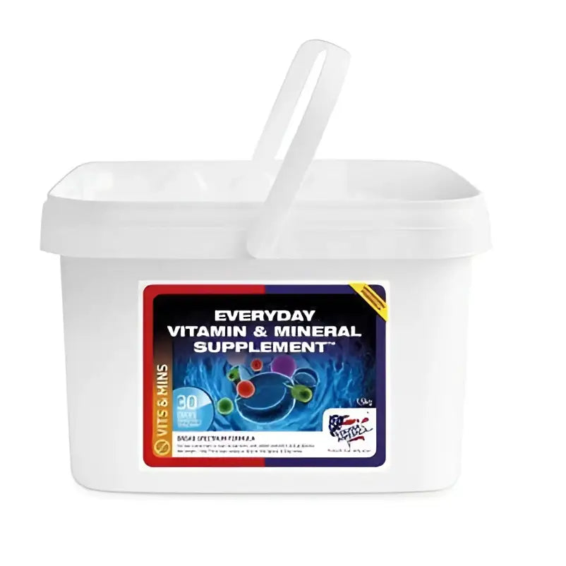White plastic container with handle of equine america everyday vitamins trace elements concentrate feed supplement label