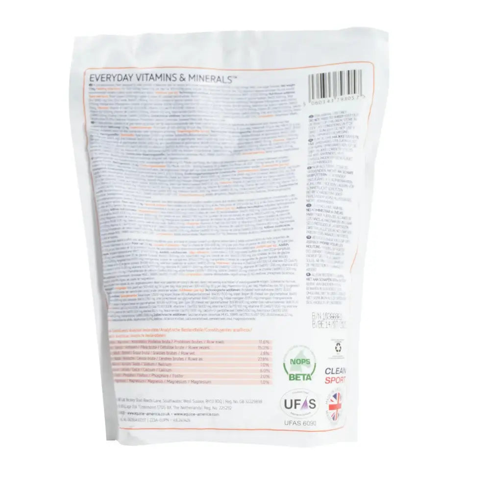 White plastic bag of equine america everyday vitamins showing nutritional info and trace elements for concentrate feed use