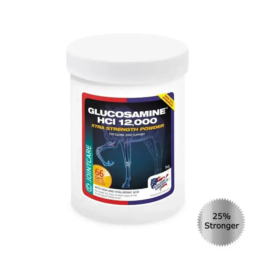 White plastic container of equine america glucosamine hci 12,000 xtra strength powder with blue red and yellow label