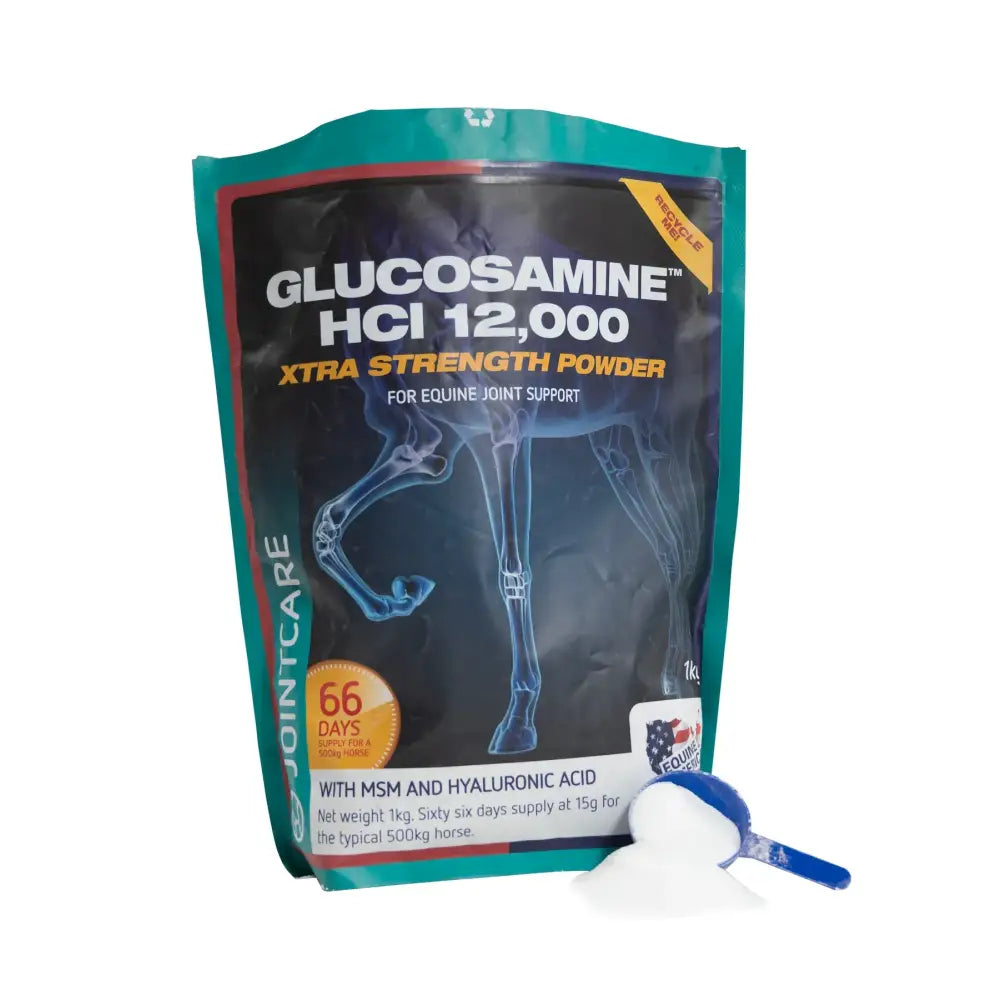 Equine america glucosamine hci 12000 extra strength teal and black resealable pouch for equine joint support with hyaluronic acid
