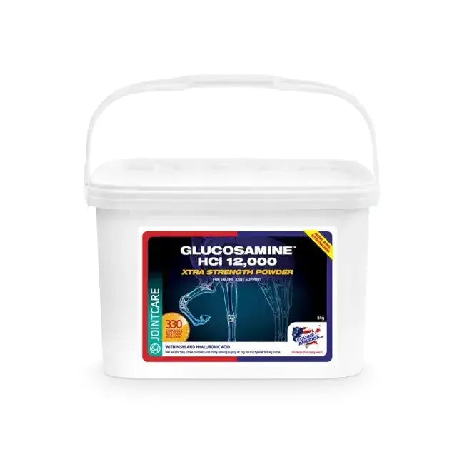 White plastic bucket with handle labeled equine america glucosamine hci 12,000 extra strength powder for joint care