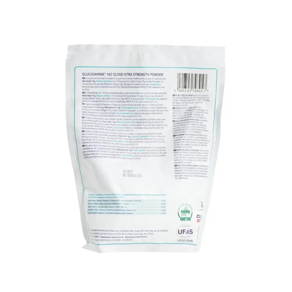 White plastic bag of equine america glucosamine hci 12,000 xtra strength powder with product info and certification logos