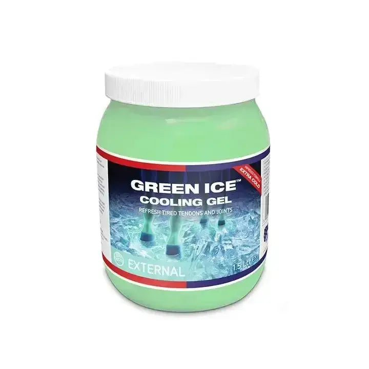 A light green translucent jar with a white lid contains equine america green ice gel to refresh tired tendons
