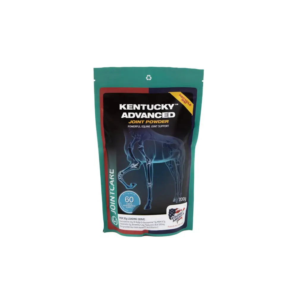Teal and black resealable pouch of equine america kentucky advanced joint powder with transparent horse skeleton graphic