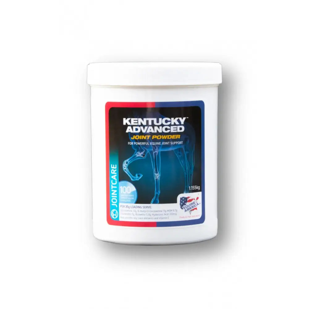 White plastic container of equine america kentucky advanced joint powder with red blue and teal equine skeletal label