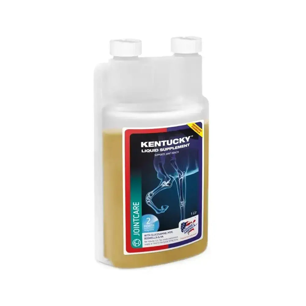 A clear plastic bottle of equine america kentucky jointcare solution with golden liquid and horse joint illustration