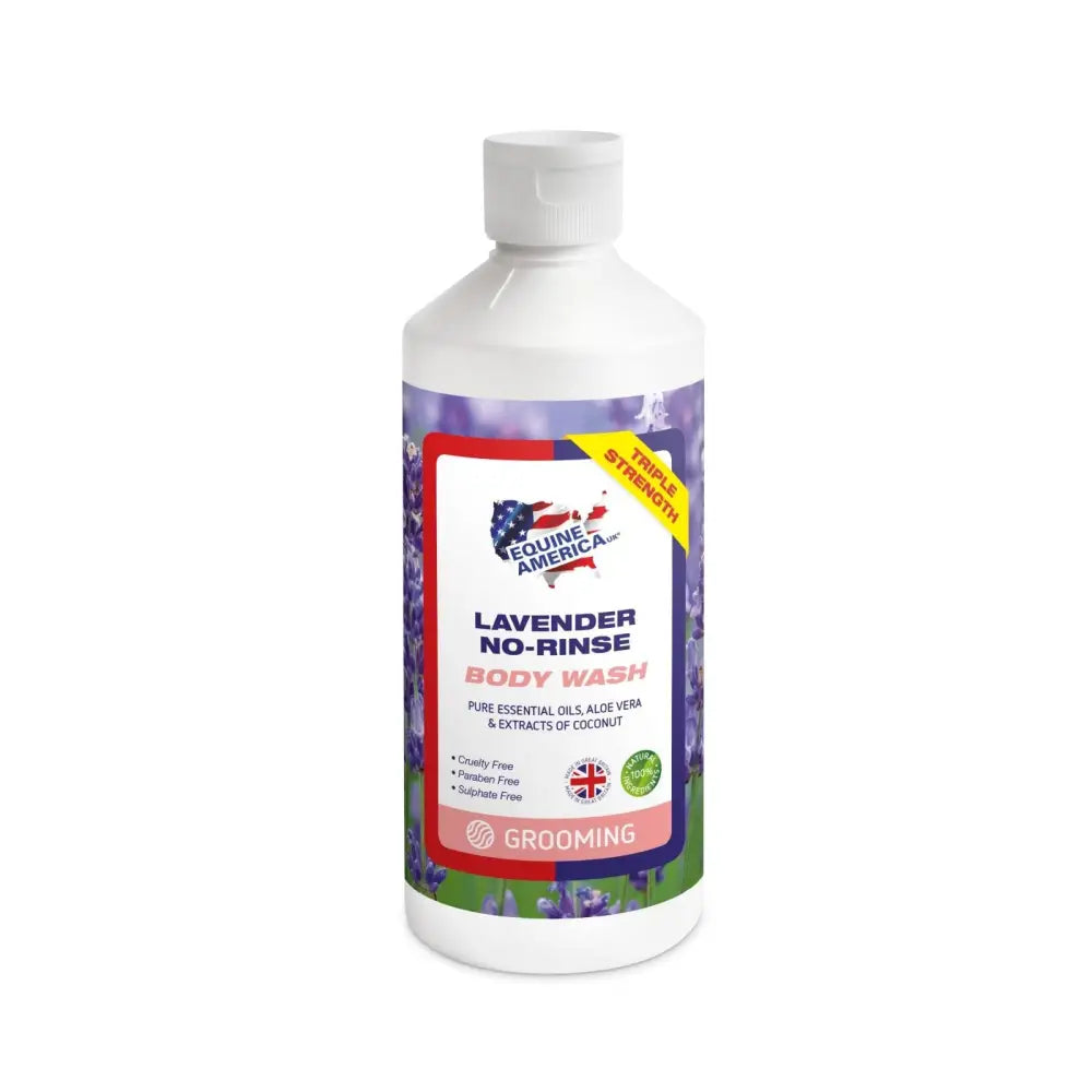 White plastic bottle of equine america lavender no-rinse body wash with purple green label featuring lavender flowers