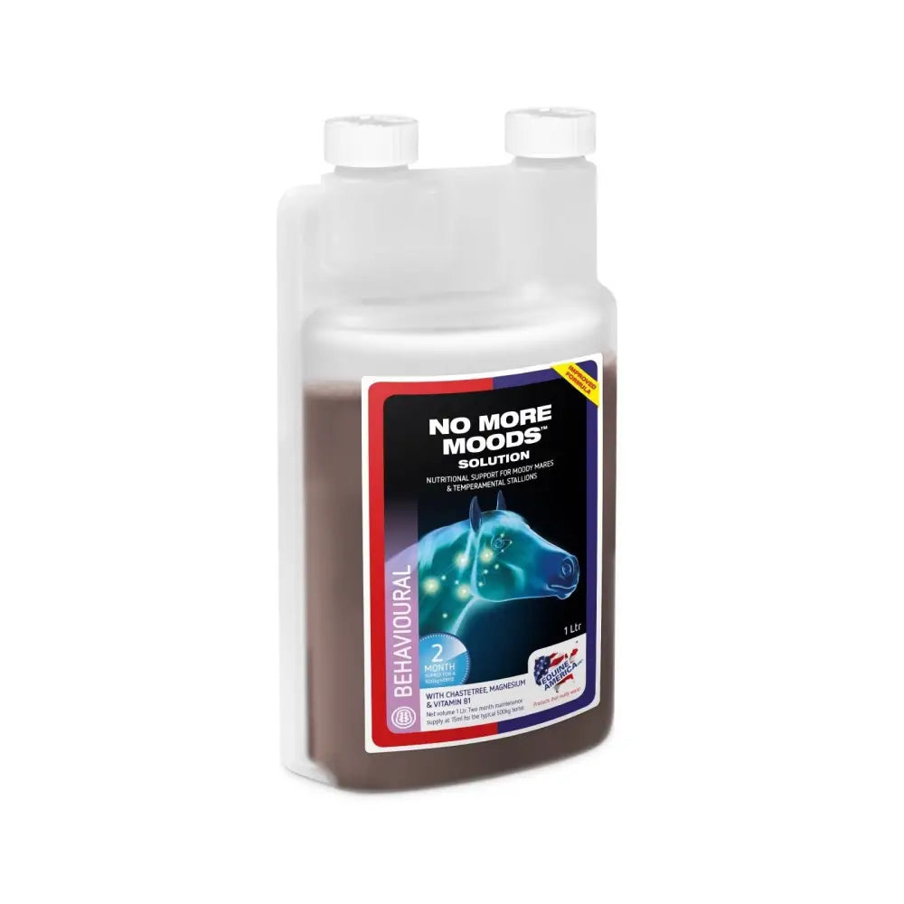 A 1-liter clear plastic bottle of dark brown no more moods solution by equine america for oestrus cycle support with chastetree extract