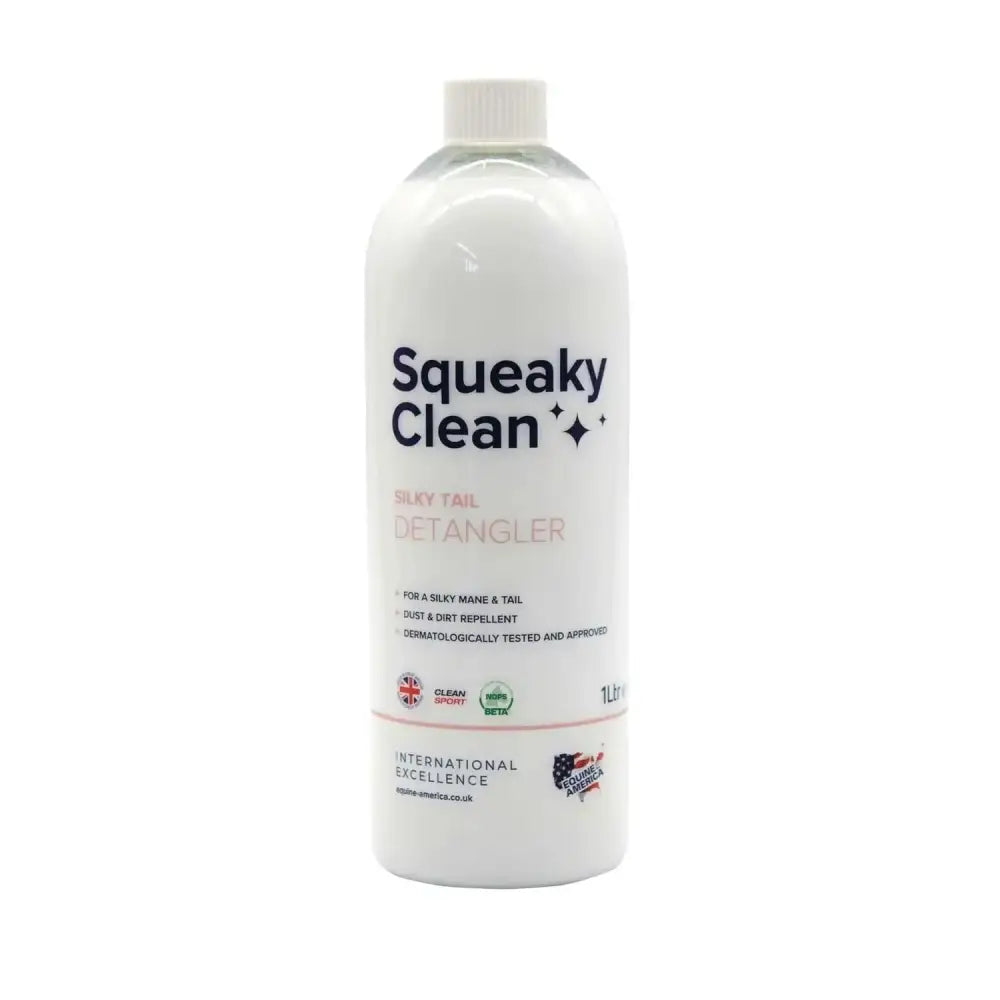 A clear plastic bottle with white cap of equine america silky tail detangler featuring dirt repellent action for mane & tail