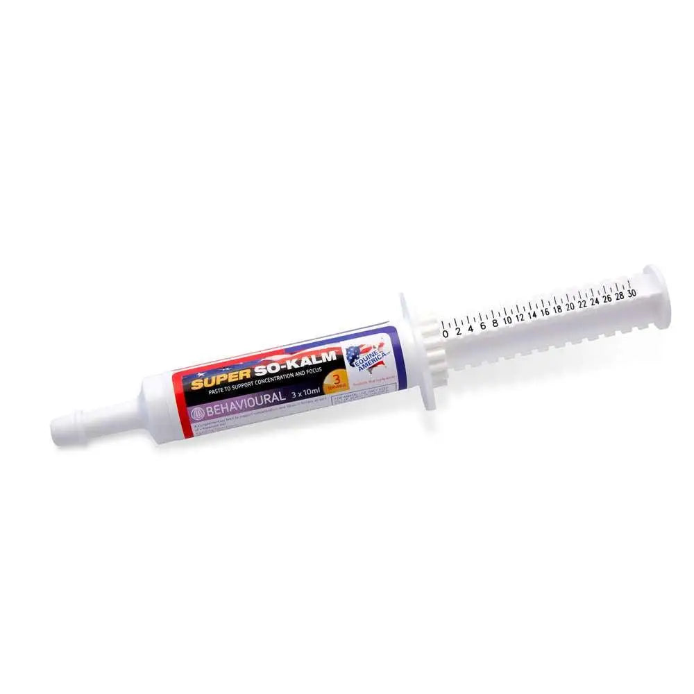 White plastic syringe tube of equine america super so kalm paste 30ml to support concentration in horses