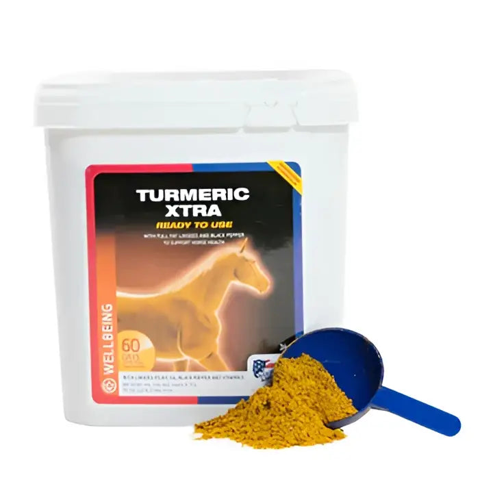 White plastic container of equine america turmeric extra horse supplement with blue scoop and golden yellow powder spilling out