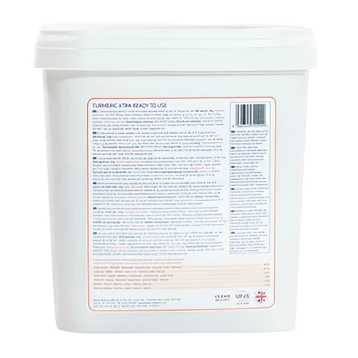 White plastic container of equine america turmeric extra ready to use with a label and barcode visible