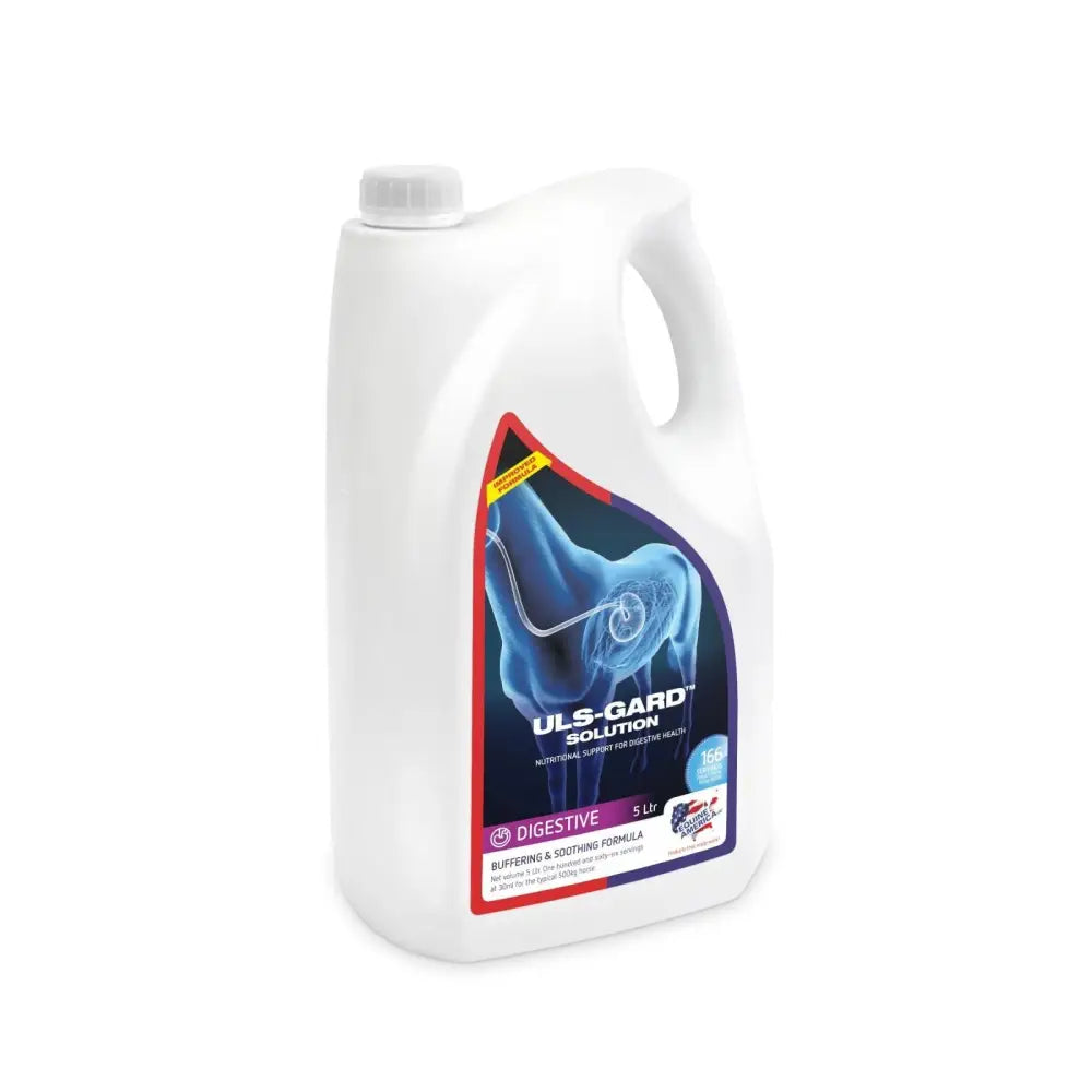 White plastic jug with handle and cap labeled equine america uls-gard solution to support gastric health with blue joint image