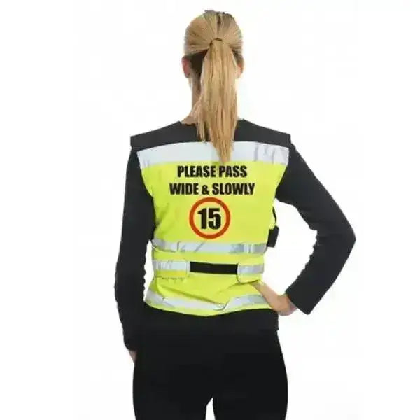 High-visibility yellow equisafety 15mph pass slow hi-vis waistcoat with reflective stripes and wide & slow warning message