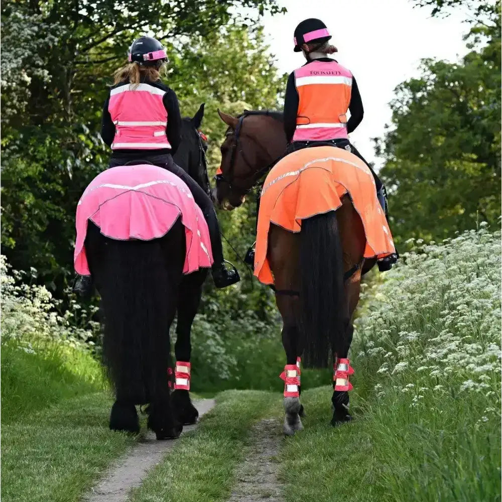 Pink and orange equisafety breathable mesh fly quarter sheets with reflective pleated design for horse riding safety