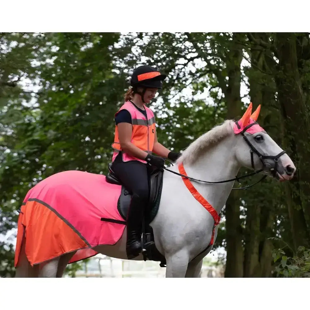 Bright pink and orange equisafety breathable mesh quarter sheet with black trim for high visibility and comfort