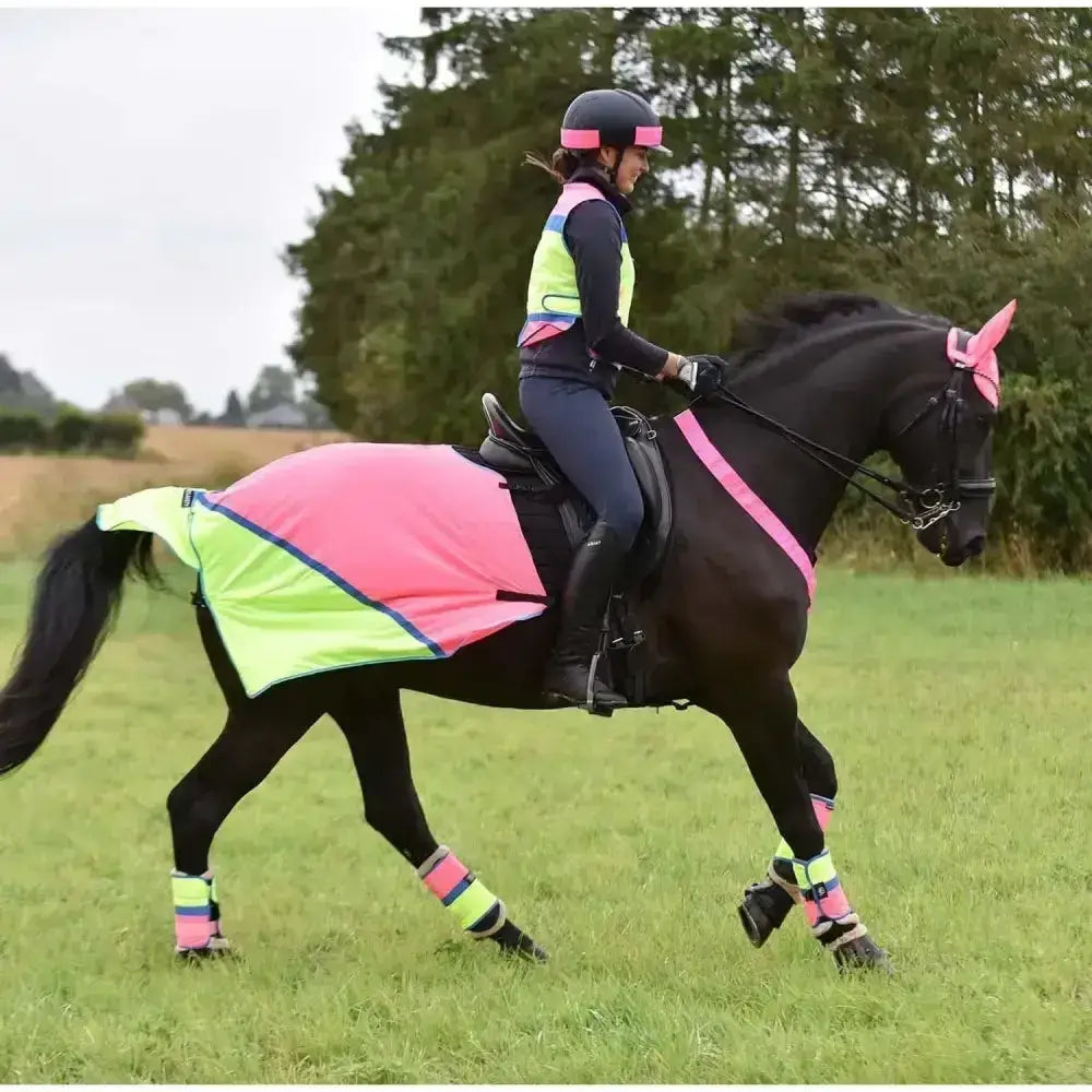 Bright pink and neon green equisafety breathable mesh quarter sheet pink with black trim for horse safety