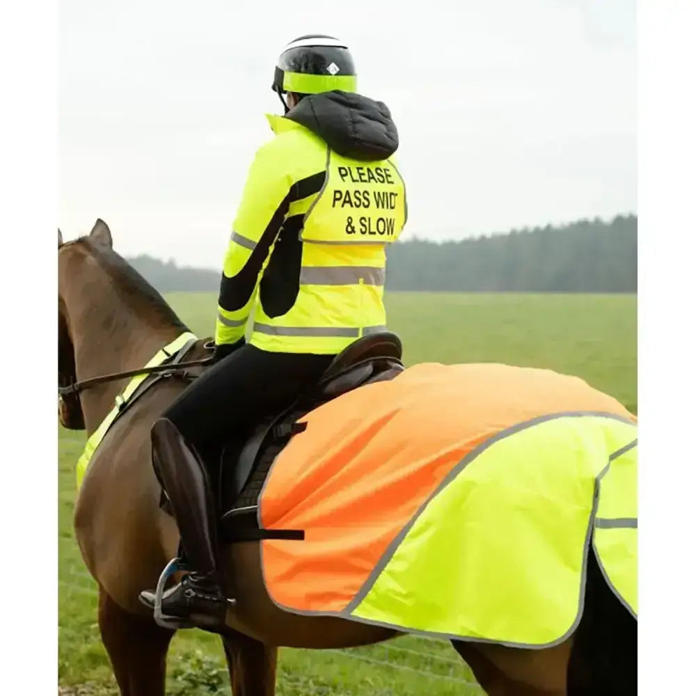 Equisafety hi-vis waterproof quarter sheet in bright orange and yellow with reflective strips for safety and weather protection