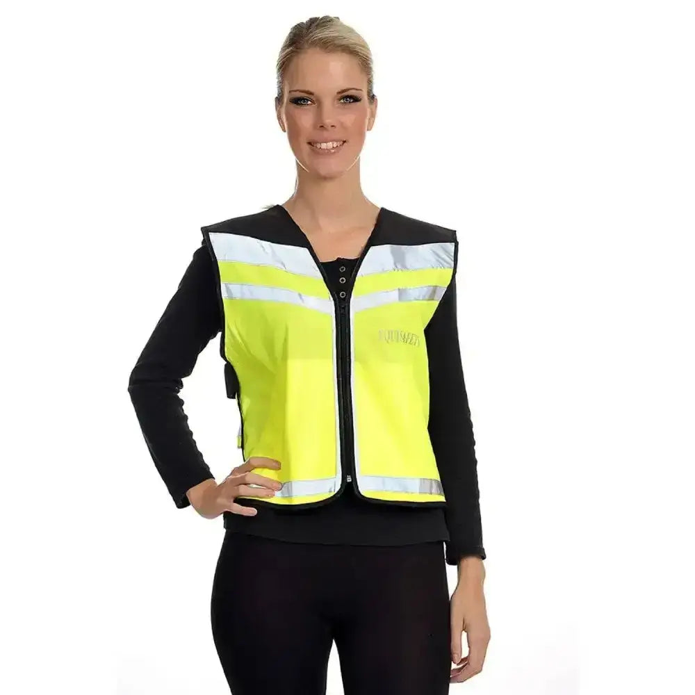 Bright yellow equisafety hi viz waistcoat plain air with reflective silver stripes black trim and front zipper closure