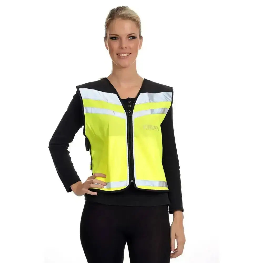 Bright yellow equisafety hi viz waistcoat plain air with reflective stripes and black trim for safety visibility