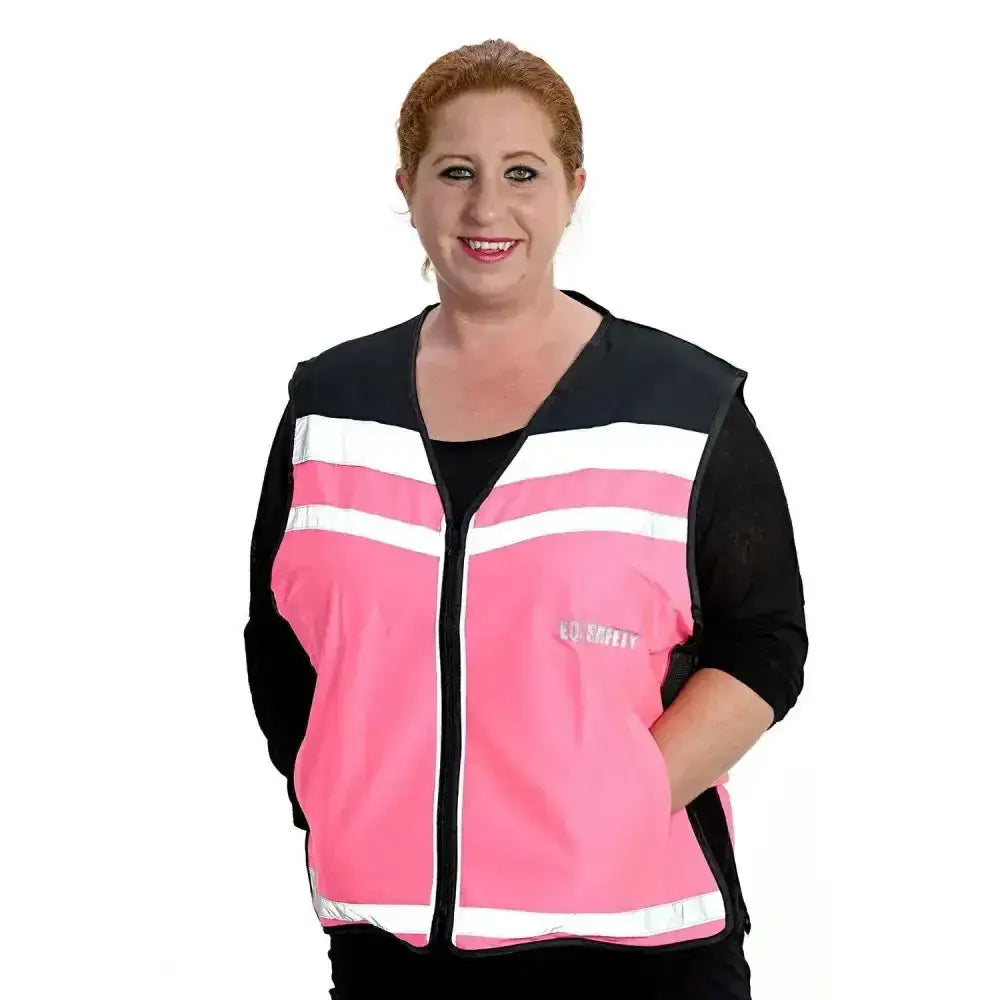 Pink and black reflective safety waistcoat plain air with white stripes for high visibility from equisafety