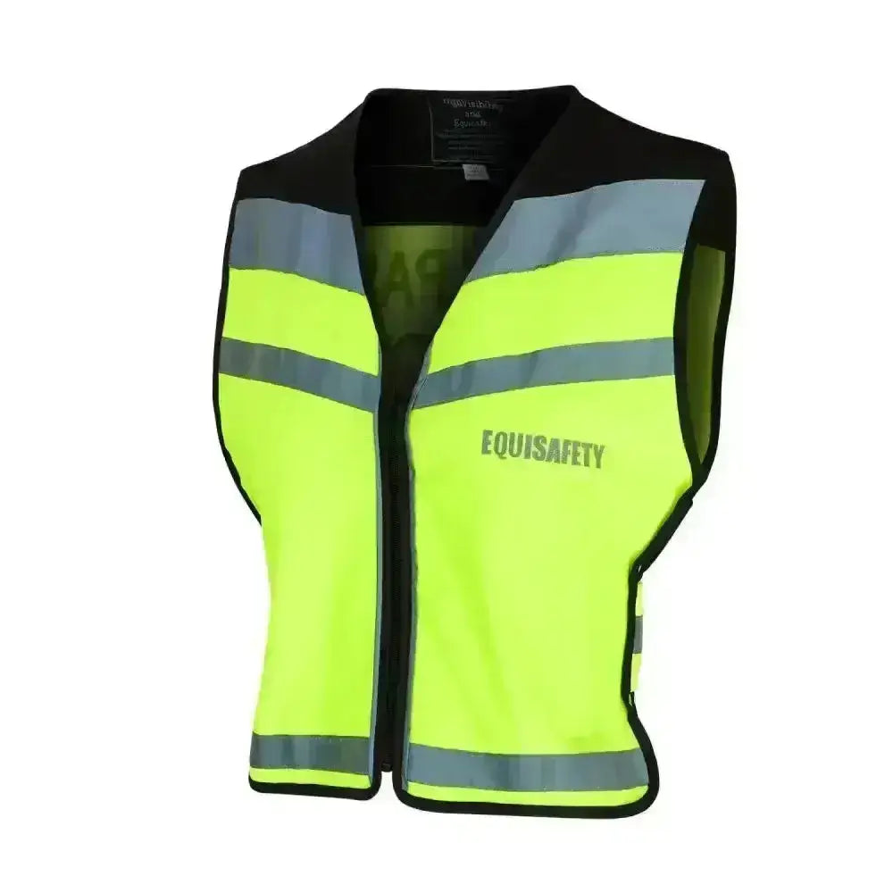 Bright neon yellow equisafety hi viz waistcoat with black trim and reflective stripes for comfortable waistcoat use