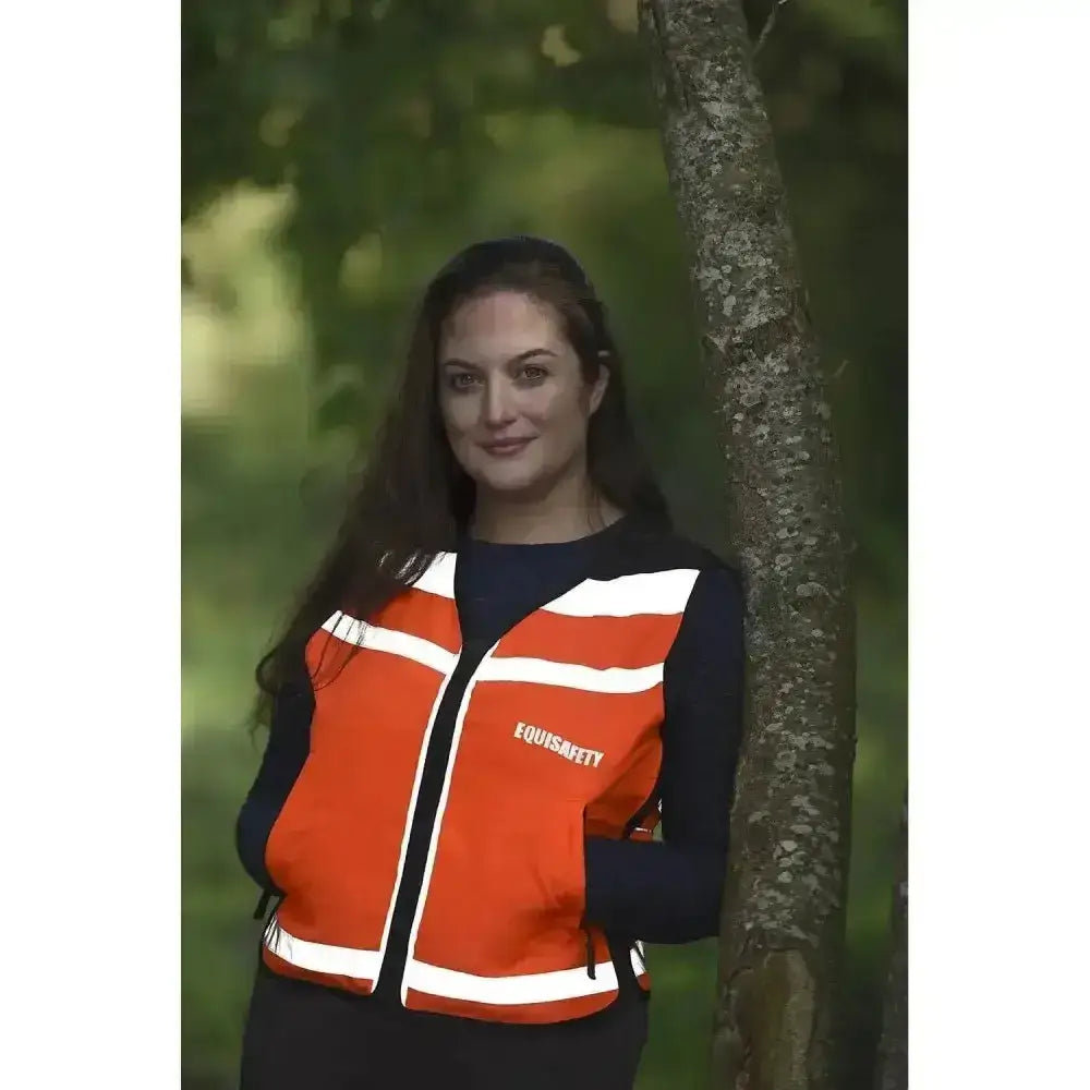 Orange and navy blue reflective equisafety hi viz waistcoat with white stripes designed for comfortable waistcoat and air jackets use