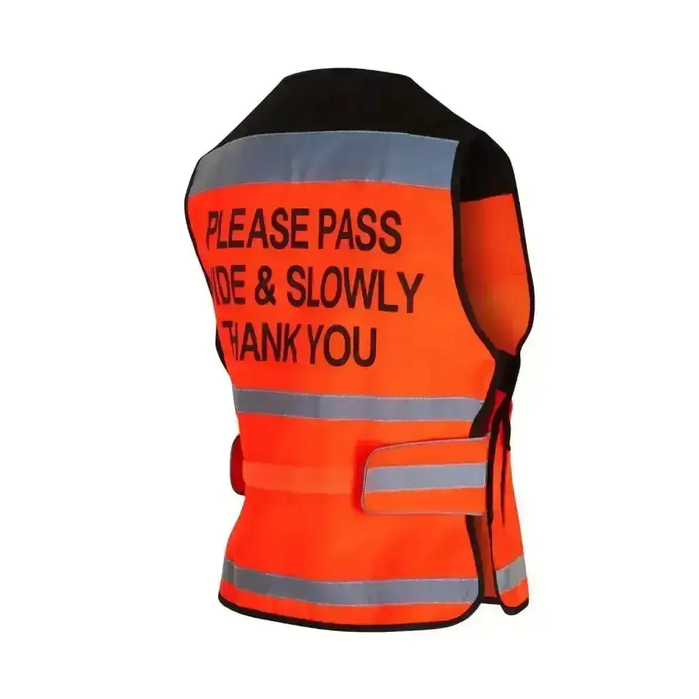 Bright orange equisafety hi viz waistcoat with reflective stripes and pass wide text for air jackets back view