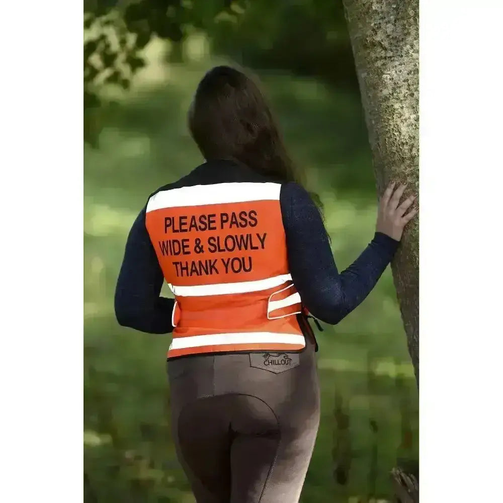 Back of an orange equisafety hi viz waistcoat pass wide with white reflective stripes and black text for air jackets