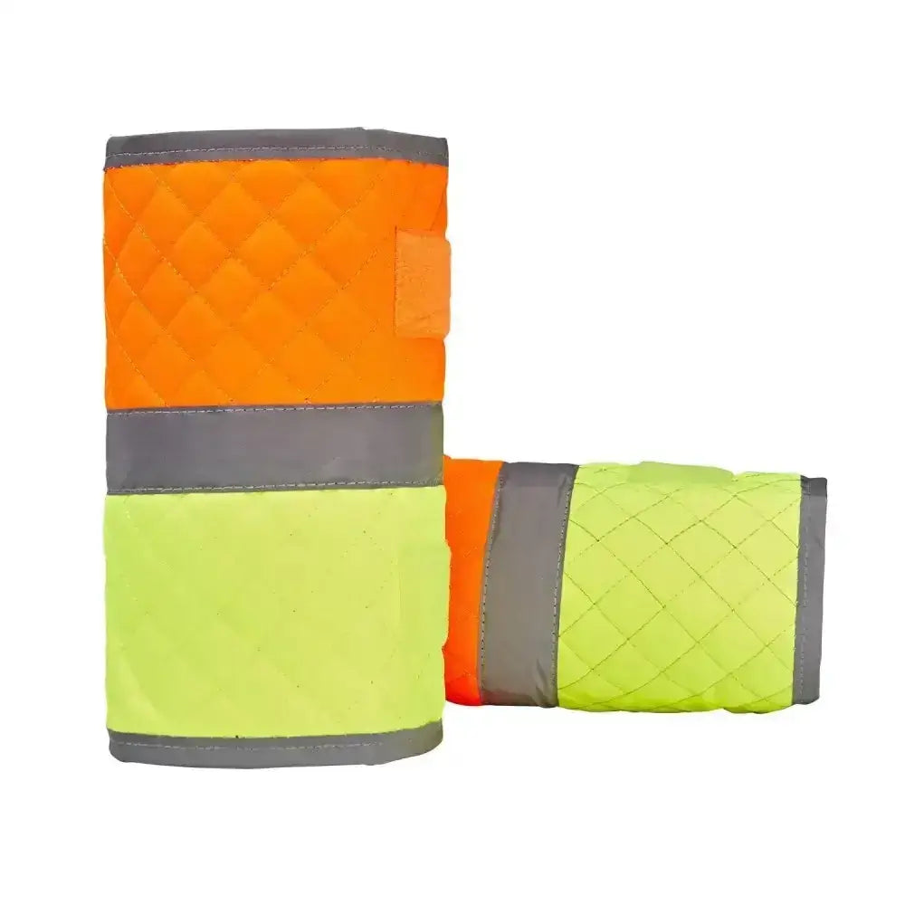 Equisafety leg boots yellow orange with high-visibility quilted arm guards and reflective gray stripes