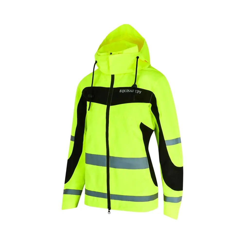 Bright neon yellow equisafety lightweight waterproof riding jacket with black panels reflective stripes hood and front zipper