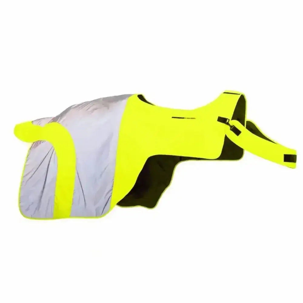 Bright yellow and silver reflective waterproof exercise sheets by equisafety with black straps and advanced reflective material