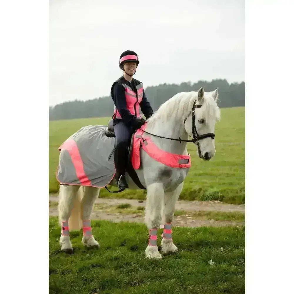 White horse wearing equisafety mercury hi viz waterproof exercise sheets and pink reflective leg wraps with advanced reflective material