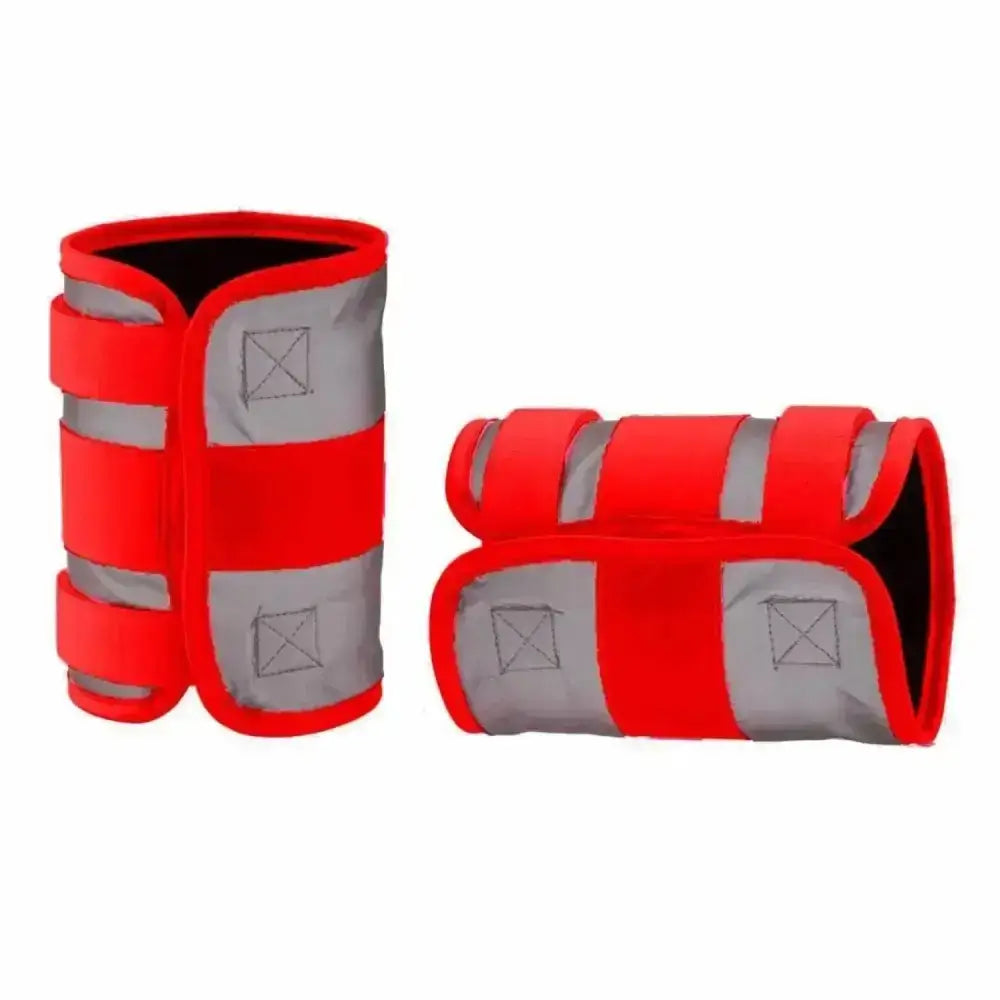 Bright red equisafety mercury reflective leg wraps with gray strips and stitched patches hi-vis horse boots
