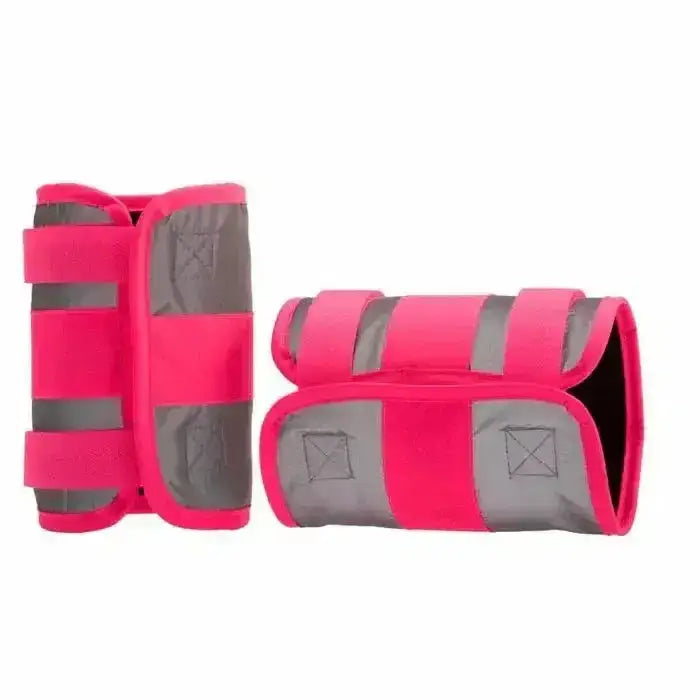 Bright pink and gray equisafety mercury reflective wrist guards with adjustable straps for hi-vis horse boots use